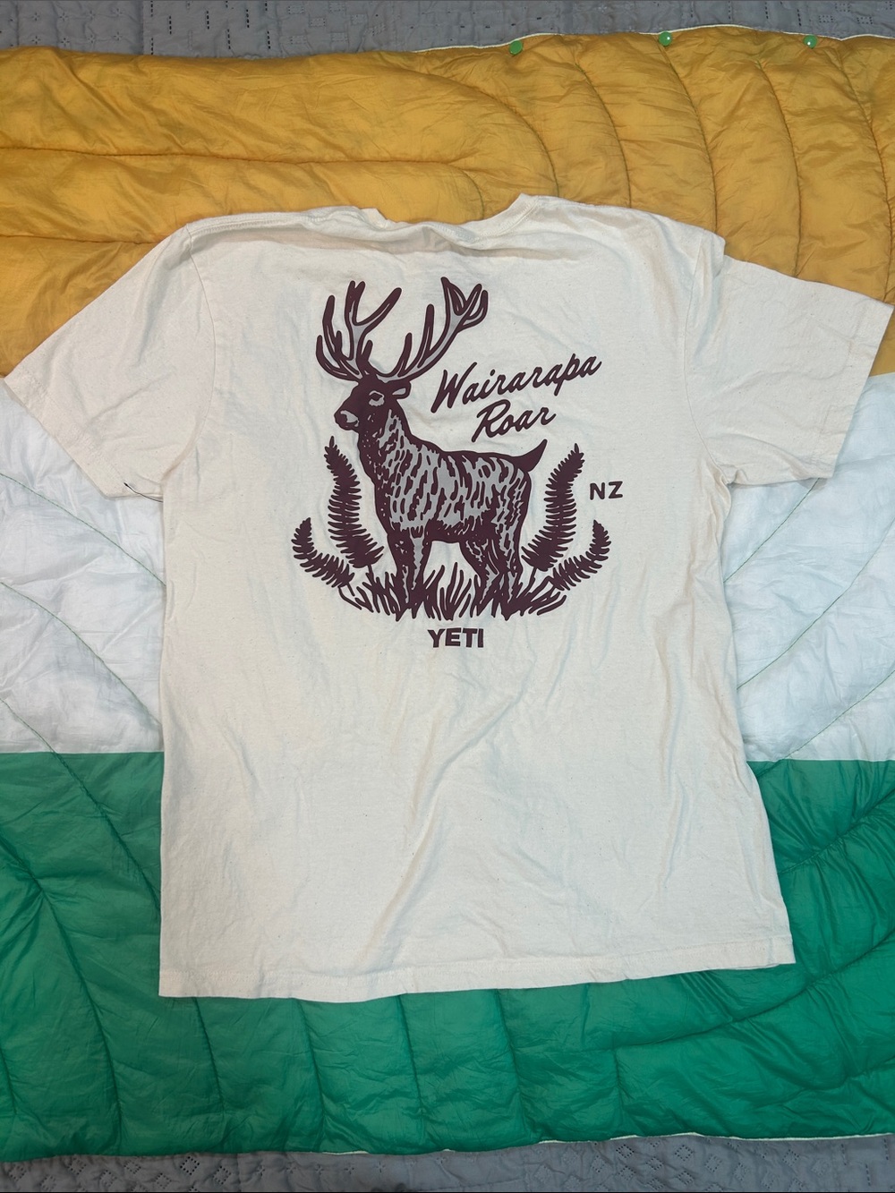 Yeti Cream Short-Sleeve Tee with Maroon Deer Graphic